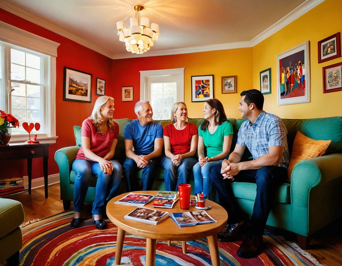 A vivid scene depicting a family gathered in a warm living room, expressing a mix of emotions from joy to tension, interspersed with symbolic elements like hearts and shadows representing desire. The background showcases a rollercoaster structure made of colorful family photographs, illustrating the ups and downs of relationships. Bright yet contrasting colors to capture the emotional intensity. super-realistic. vibrant colors. warm lighting.